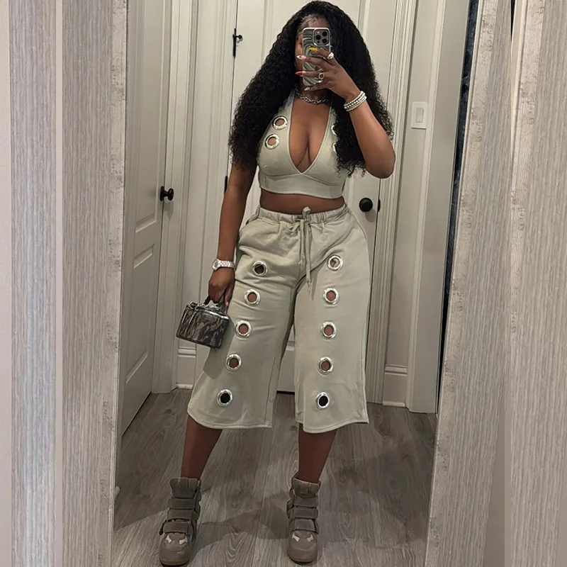 

Streetwear 2 Piece Sets for Woman Party Outfit Club Hollow Out Halter V-neck Vest Crop Top and Calf-length Pants Matching Sets