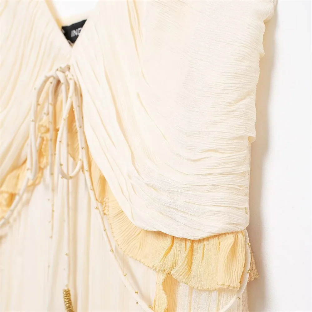 Outono novo estilo europeu e americano pendurado pescoço colarinho contrastante saia longa em camadas emenda vestido midi