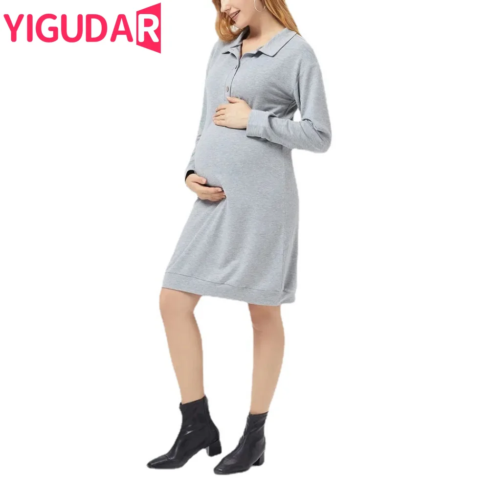 

Maternity Dresses Cotton Summer Clothes Solid Buttons Long Sleeve Pregnant Woman Maternity Dress Casual Pregnancy Vestidos