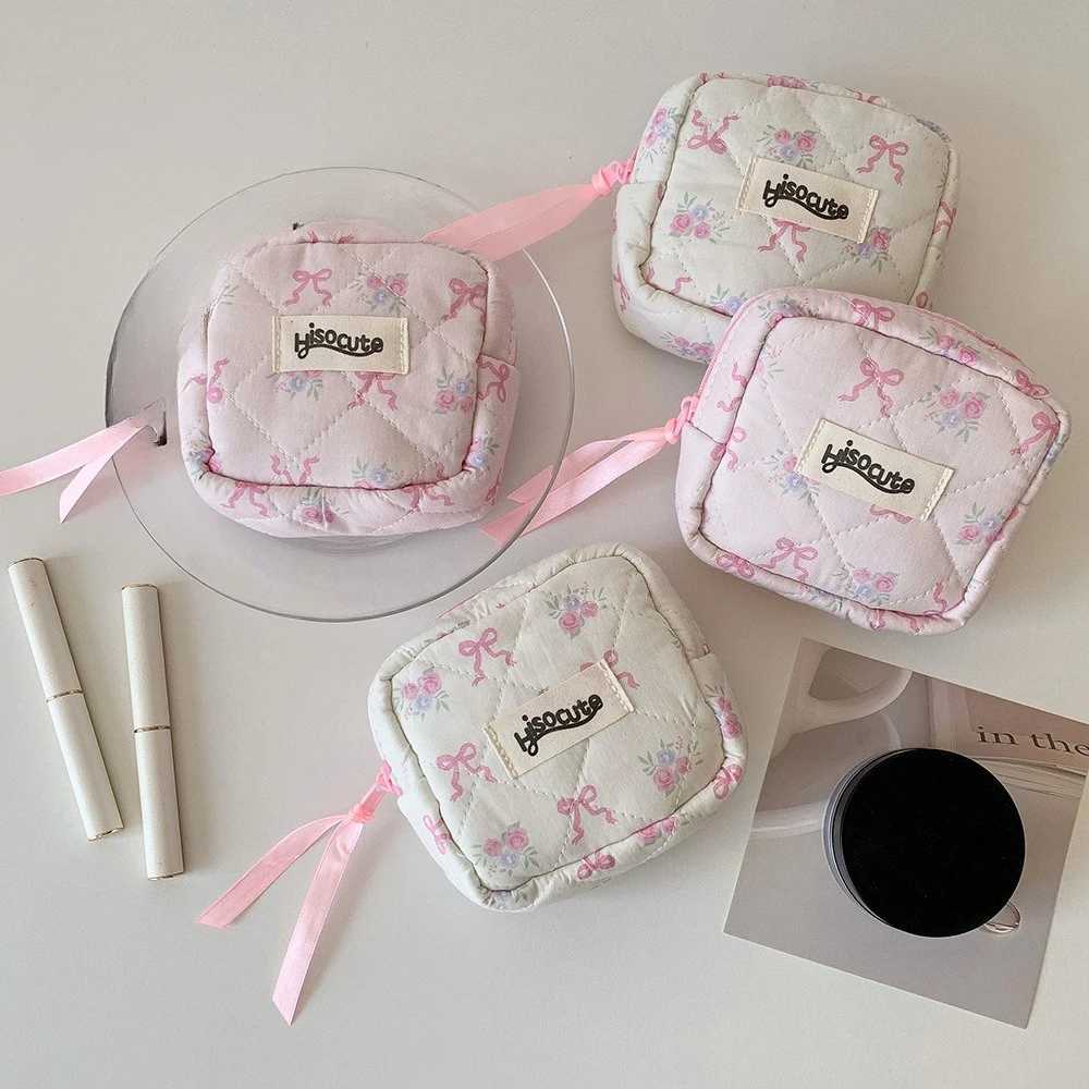 Sweet Bow Small Makeup Bag Sanitary Pad Bag Girls Sanitary Napkin Pouch Earphone Data Cable Organizer Coin Purse Card Wallet