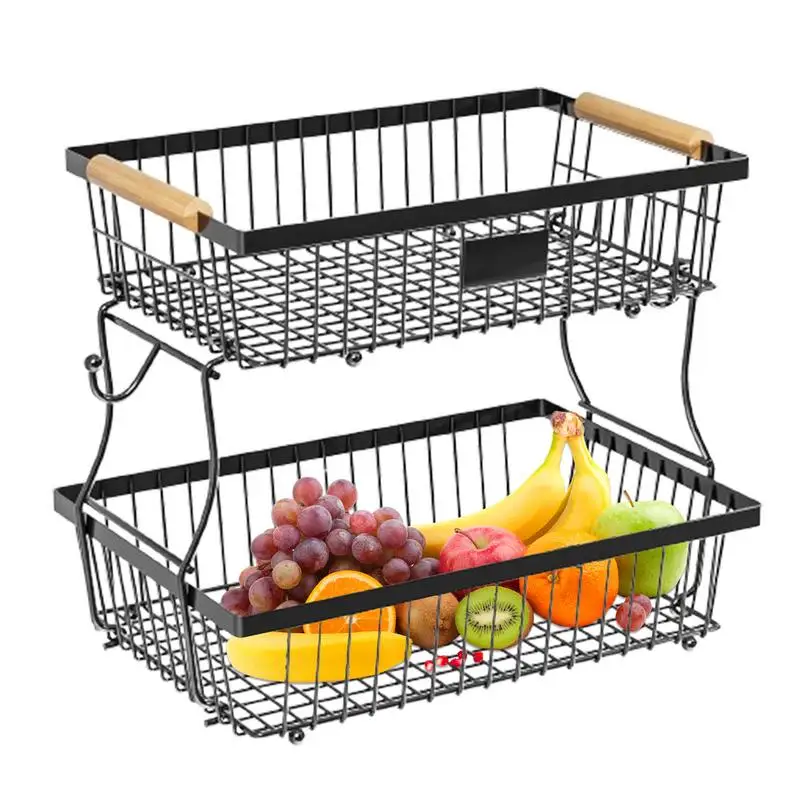 2 Tier Fruit Storage Basket Kitchen Countertop Organizer With Wooden Handle Mesh Carbon Steel Bowl For Bread Vegetable Fruit