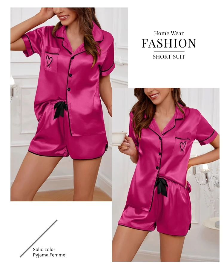 Damen-Pyjama-Lounge-Set, herzgestickte Tasche, Heimkleidung, Sommer-Kurzarmshirt und Shorts, Pyjama, 2-teiliges Set, Pyjama – Detail 9