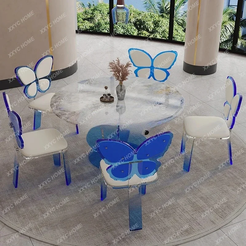 Light luxury simple style acrylic suspended butterfly dining table cream style round dining table and chairs
