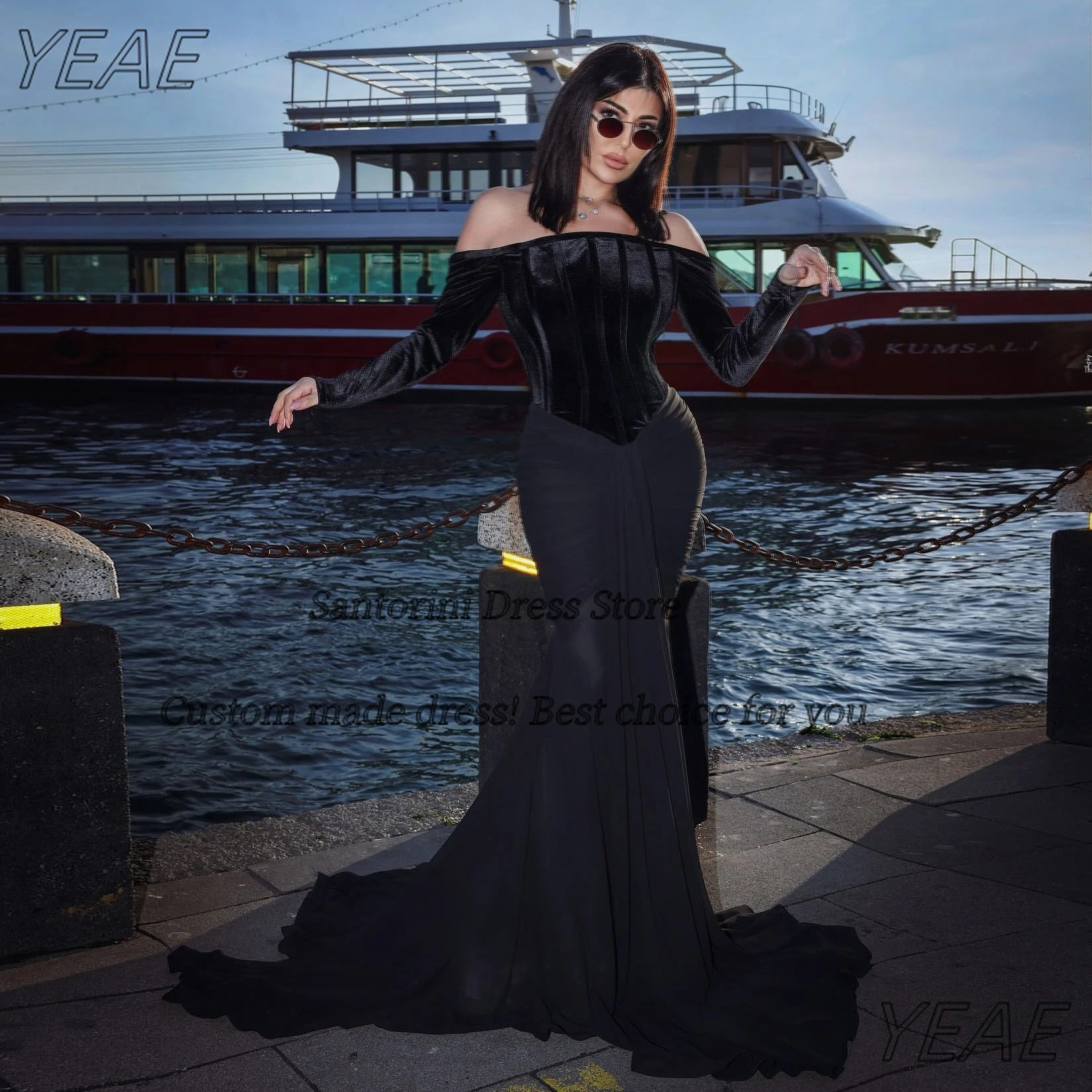 

Santorini 2026 Black Prom Dresses Velour Long Sleeves Evening Gowns Ruched Sweep Train Mermaid Party Dress Customized