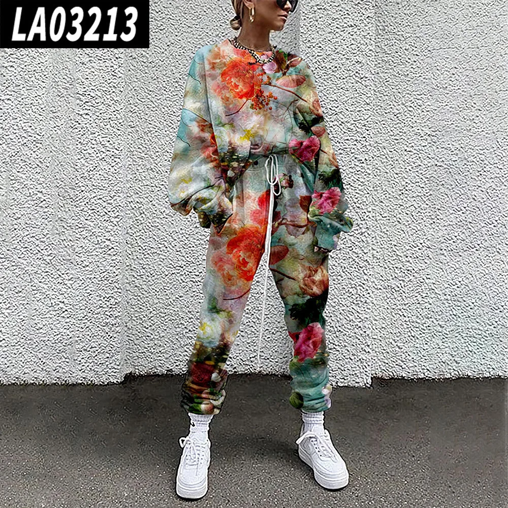 Tracksuit Long Sleeve Floral Print Pullover Women Casual Sports Set Sweatshirts Jogging Sweatpant