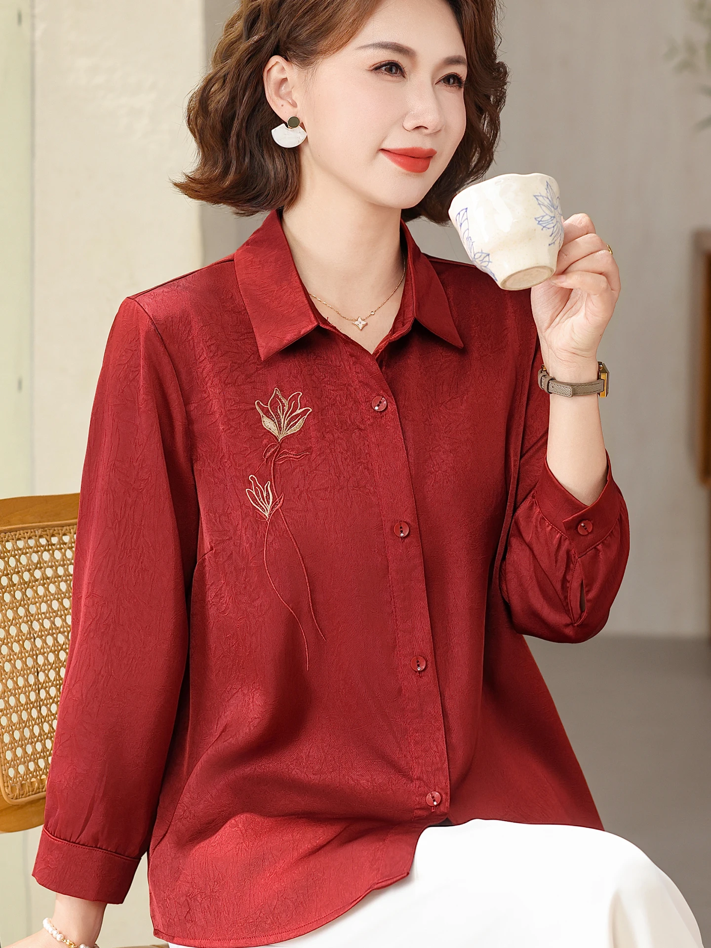 

Spring Fashion Long Sleeve Shirt Set for Women Red Wedding Dress Casual Wear Nine Points Pants Loose Fit Style Ladies Shirt