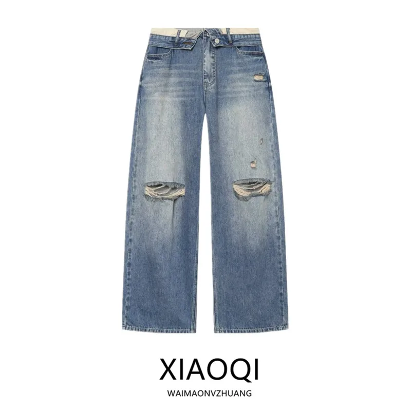 Spring 2026 Women's Fashion Versatile Mid-Waist Cuffed Jeans Straight Leg Micro Stretch Natural Waist Button Closure
