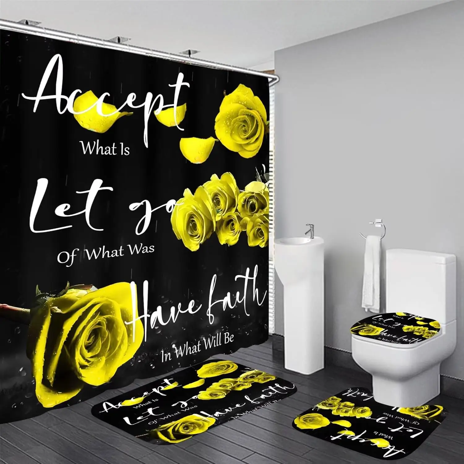 

4 шт., наборы занавесок для душа с желтой розой, нескользящие коврики, коврик для ванной, коврик для унитаза, U-образный коврик, благодарный, благословенный, черный, желтый