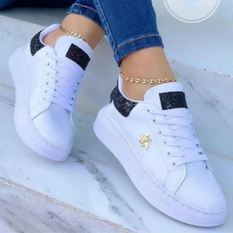 White Sequins Sneakers Women Bees Thick Bottom Trainers Korean Style Round Head Running Shoes Fall Lace Up Flats Sapato Feminino