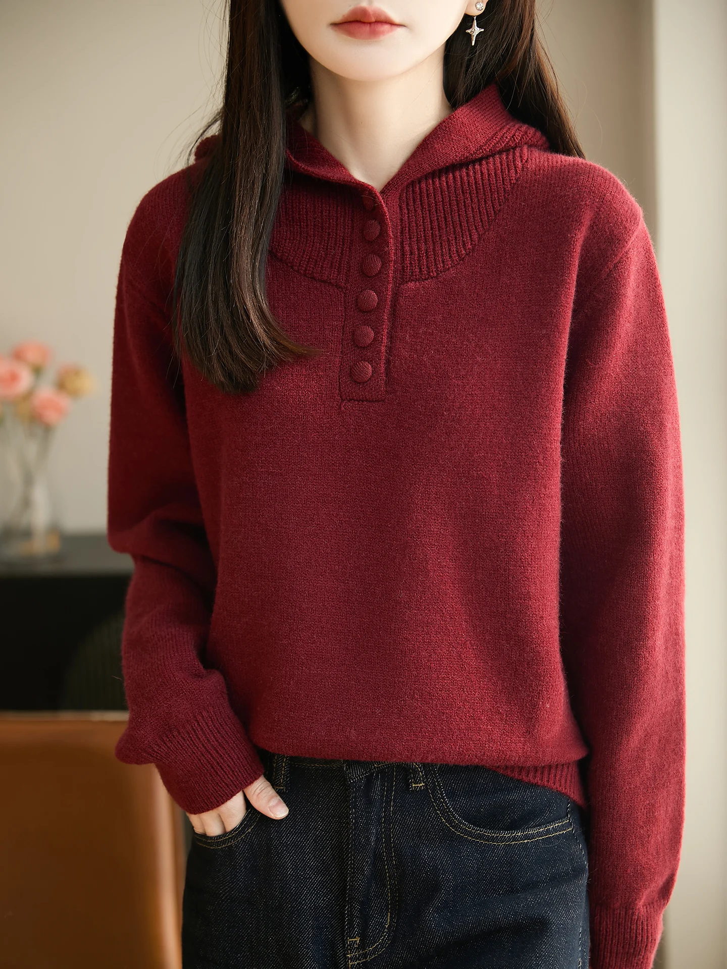 

New Year Red Hooded Knitted Sweater Women's High-end Thi Warm Loose Casual Base Hat irt Top Soft Comfortable Long Sve