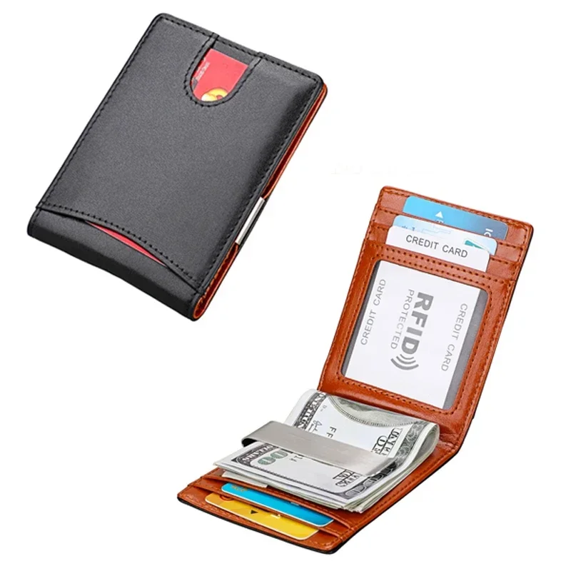 

New RFID Blocking Genuine Leather Men's Money Clip Wallet Credit Card Case Metal Bill Clamp Cash Holder Purse For Male
