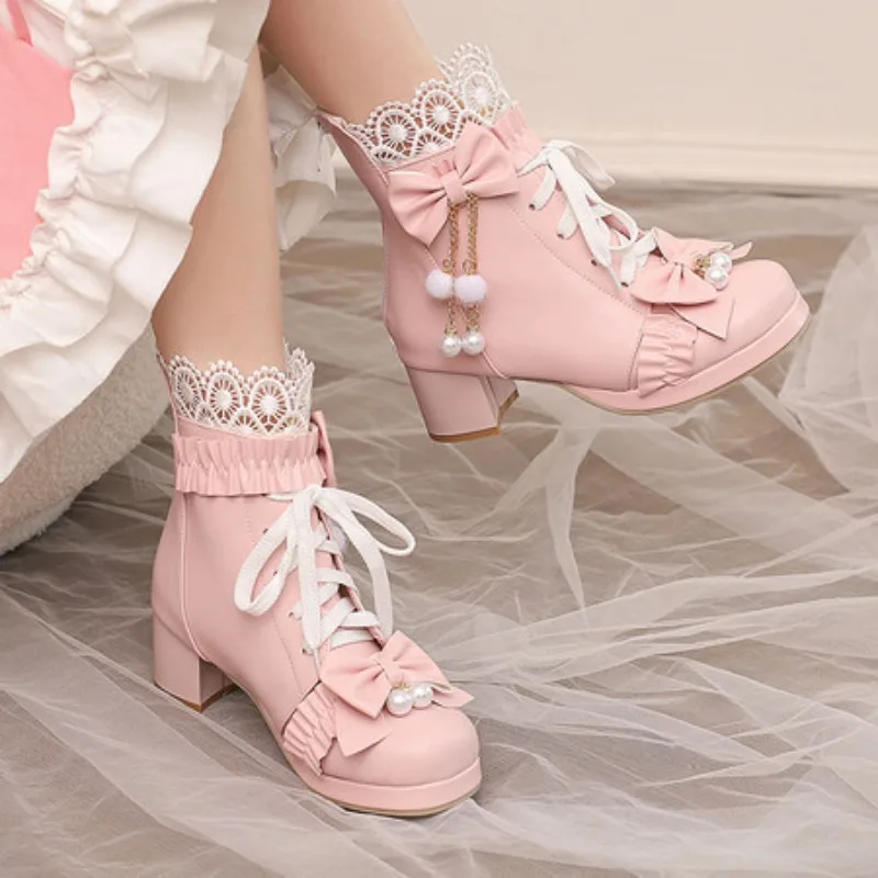 

Sweet Women Ankle Boots Round Toe Chunky Heels 5cm Lace Up Pearl Bowknot Big Size 41 42 43 Princess Girls Bota 2025