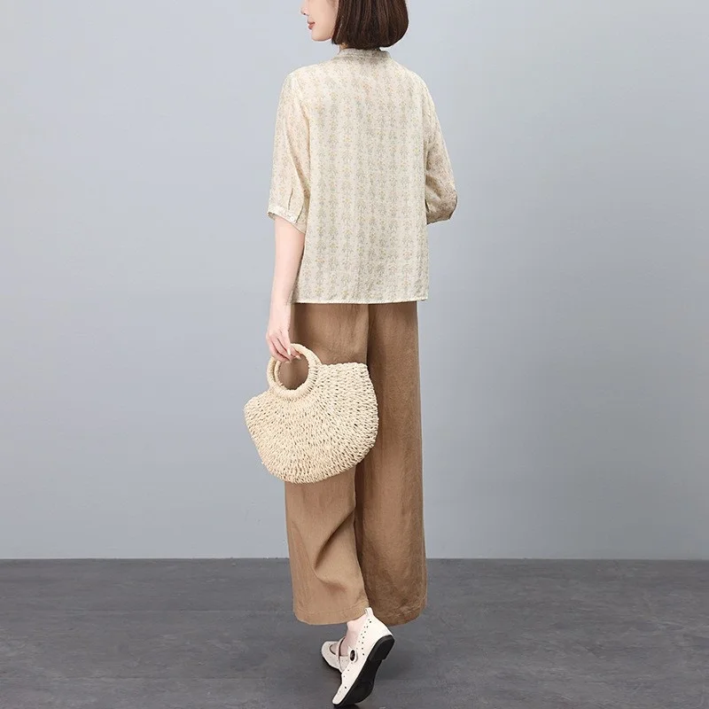 طقم مكون من قطعتين من السراويل ذات الساق الواسعة من القطن والكتان للأم الصيفية، ملابس كاجوال مريحة تسمح بمرور الهواء للنساء #4