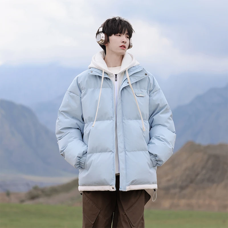 

Мужские уличные альпинистские пуховые куртки на хлопковой подкладке, теплые короткие японские модные толстые теплые пальто с капюшоном цвета дофамина
