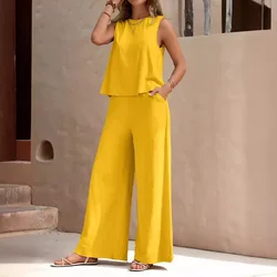 Elegant 2024 Summer Office Lady Two Piece Set Suits Women Casual Solid Sleeveless Tank Top Wide Leg Pants Two Piece Set Women