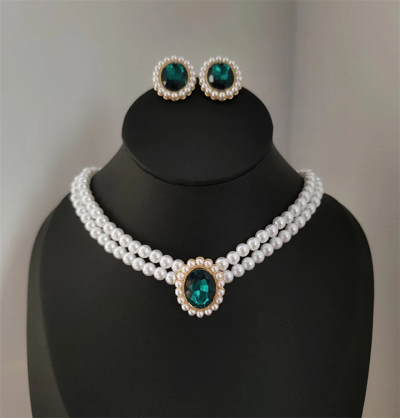 KMVEXO Vintage Imitation Pearl Necklace Earrings Jewelry Set for Women Emerald Crystal Choker Banquet Bridal Wedding Accessories
