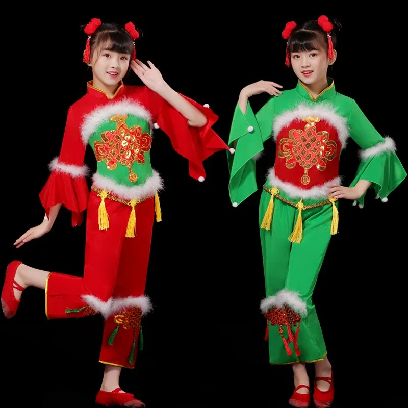 New Ancient Chinese Traditional New Year's Day Dance Costume Child Girls Yangko Dance Costumes Festival Suit  Umbrella Dance