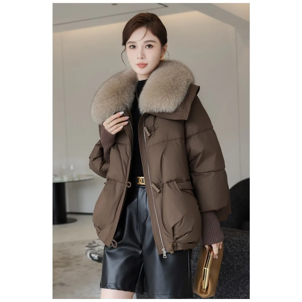 

2024 Winter New Fur Collar Puffer Down Parka Loose Down Warmer Thicken Snow Jacket Pocket Zipper Faux Fur Outerwear Female