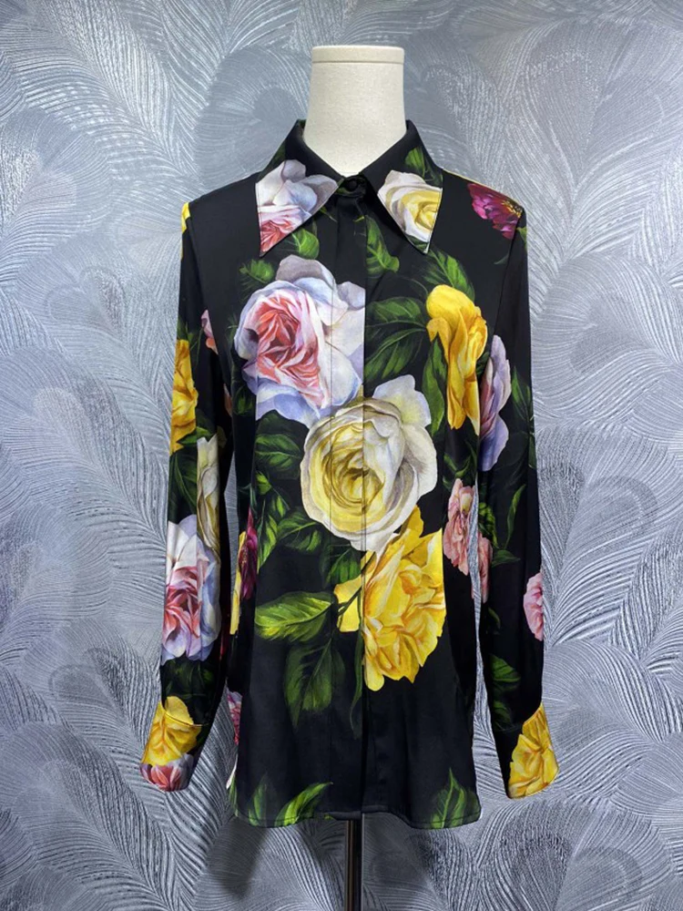 JUNLINNA Fashion Rose Flower Printing Blouses 100% Silk Women Turn-down Collar Long Sleeve Single Breasted Shirt Elegant Lady