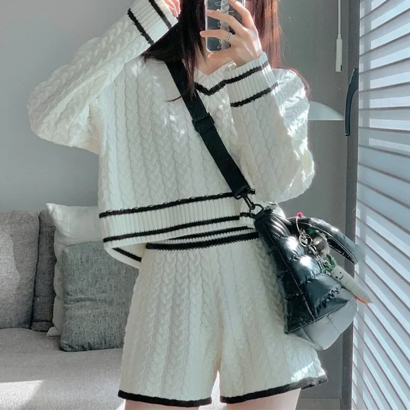 V-Neck Knitted Sweater Set for Women Unique and Elegant Slim-Fit Pants and Sweater Two-Piece Set