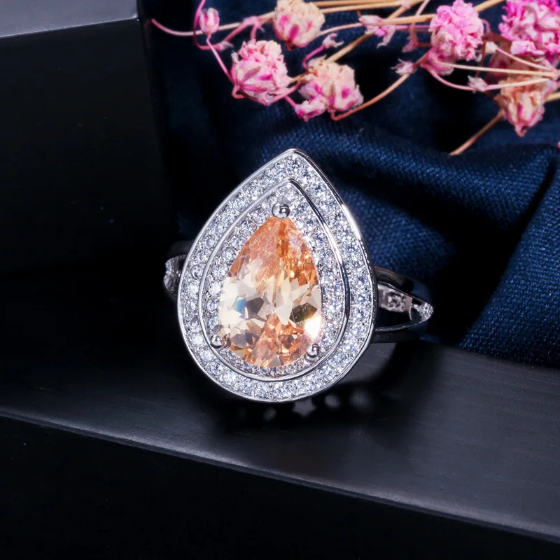 

High Quality Big Water Drop Lovely Platinum Cubic Zirconia Stone Paved Luxury Women Wedding Finger Rings for Brides Gift