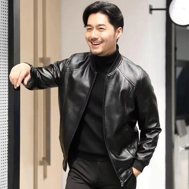 

Men's Faion Leather Jaet Bla Fce Lined Slim Fit round Ne Korean Sle Autumn Winter New Arrival Zipper Closure Casual