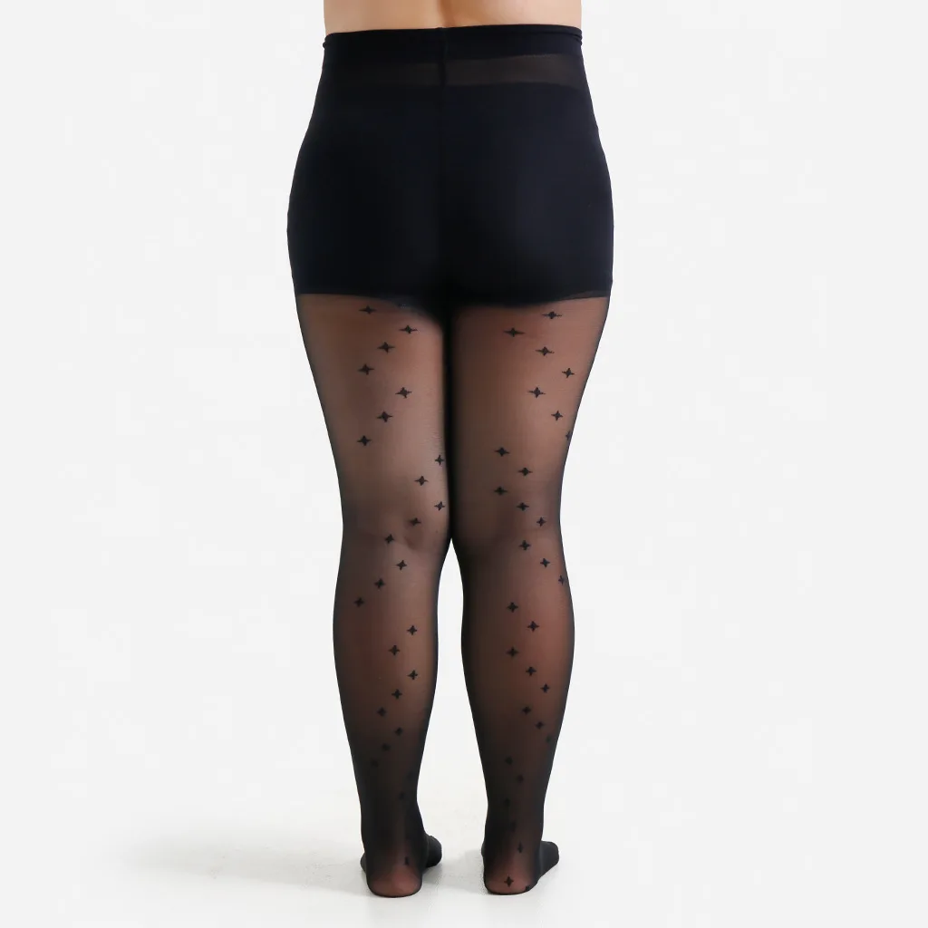Damen Übergröße 4XL 20 Denier Schwarze Strumpfhose mit Sternenmuster auf der Rückseite Transparente Strumpfhose mit Formgebendem Bund – Detail 6