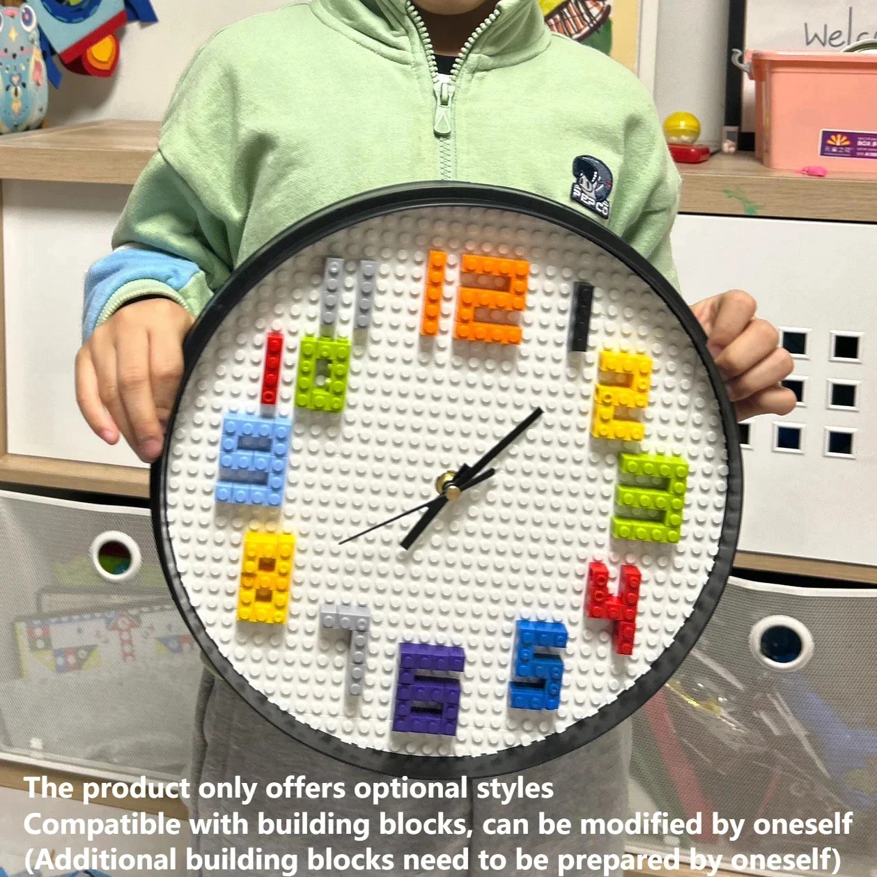 Building Block Wall Clock For Kids Room Round Silent Sweep Movement Colorful Plastic Clock 12 Inch Creative Can DIY Wall Decor