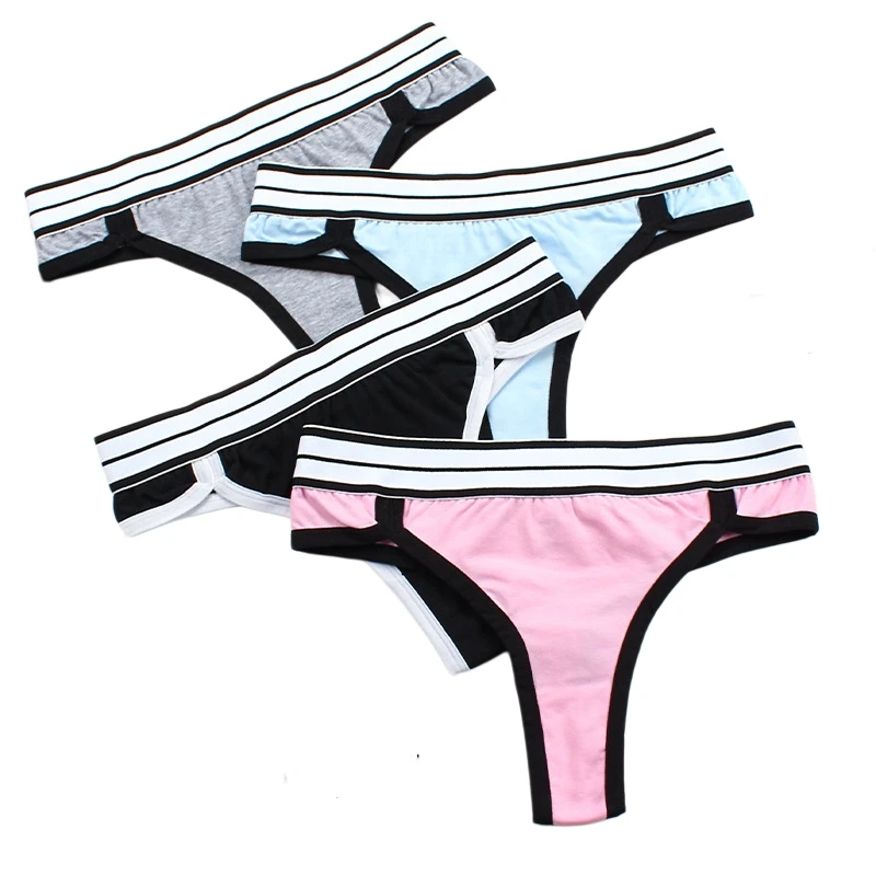 Ladies Color-Blocked Cotton Thongs with Striped Elastic Waistband Yoga Fitness G-String Invisible T-Back Women's T-Pants