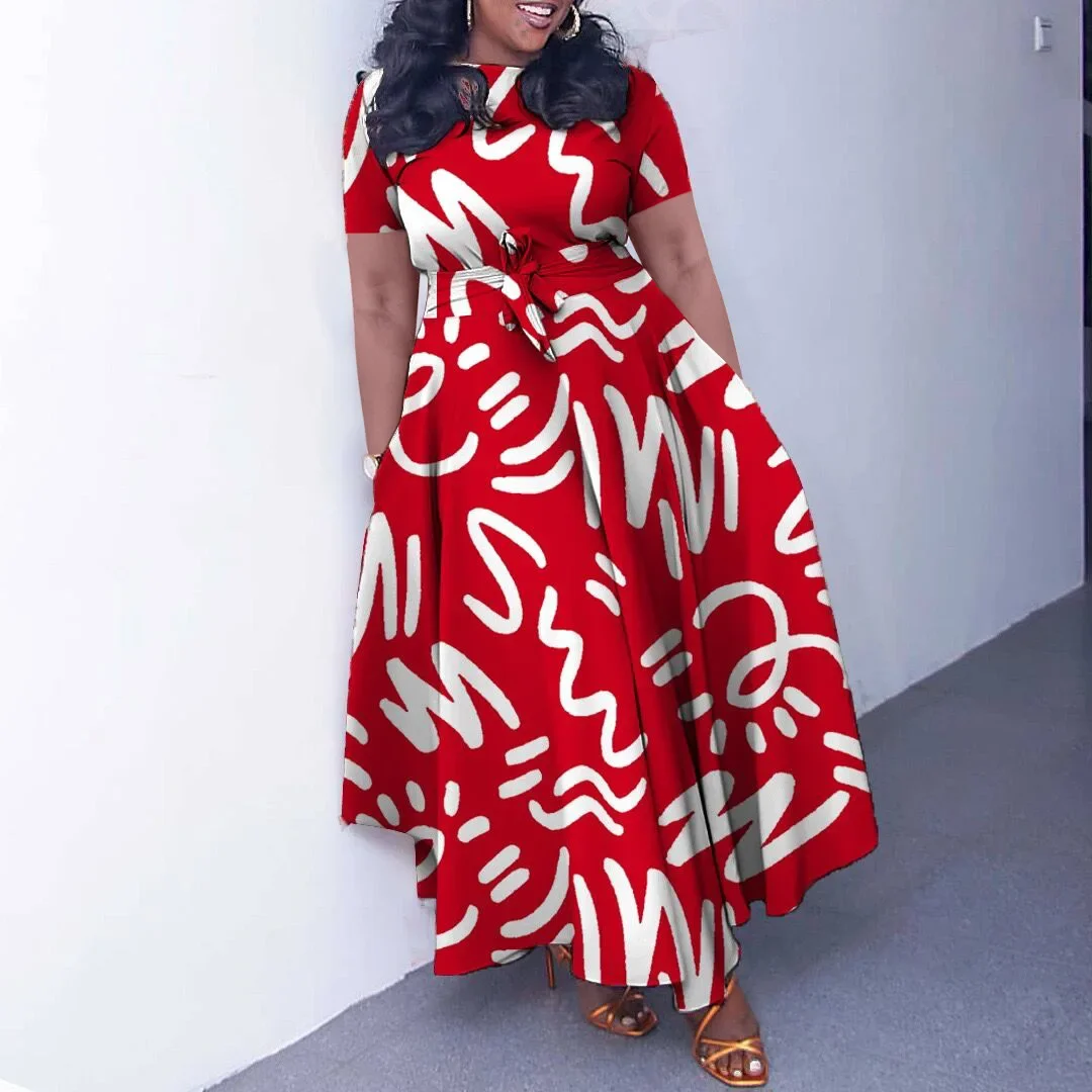 D3266 Cross-border Women's Fashionable Elegant Thigh-length Non-african Plus Sizes Short Sleeves Big Flare Foreign Trade Dress