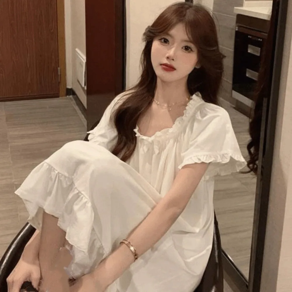 High Waist Bowknot Women's Pajama Dress Short Sleeve Home Wear Ruffle Nightdress Loose Sleepwear Princess Nightgown Home