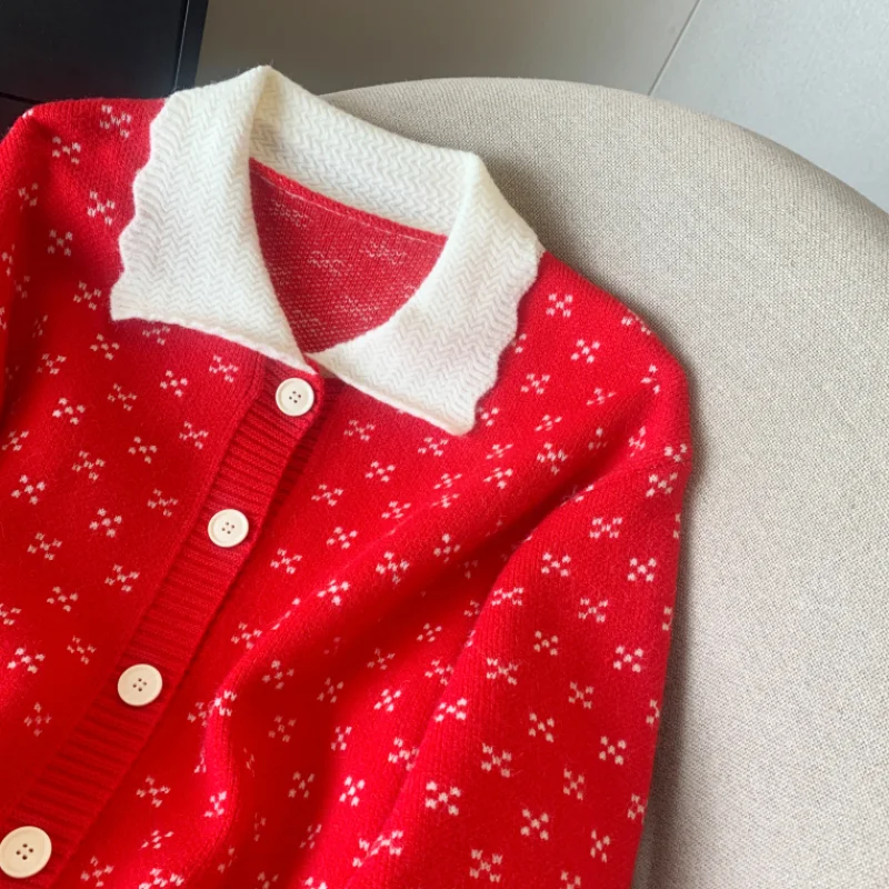 Women Clothing Vintage Knitting Sweater Red Cardigan Jacket Long Sleeve Dark Blue Fashion Doll Collar Coat Female Winter Tops