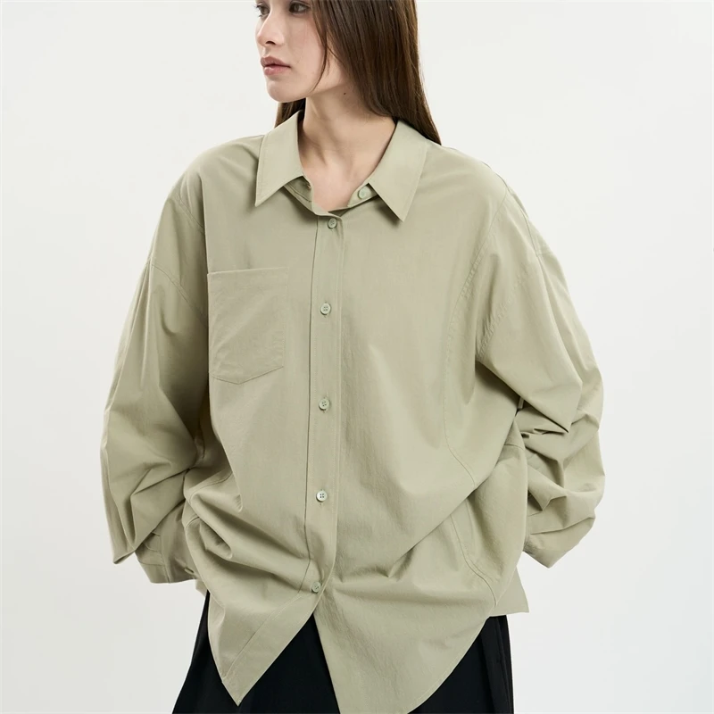Wiosenna i jesienna damska luźna koszula z długim rękawem i kołnierzykiem w jednolitym kolorze