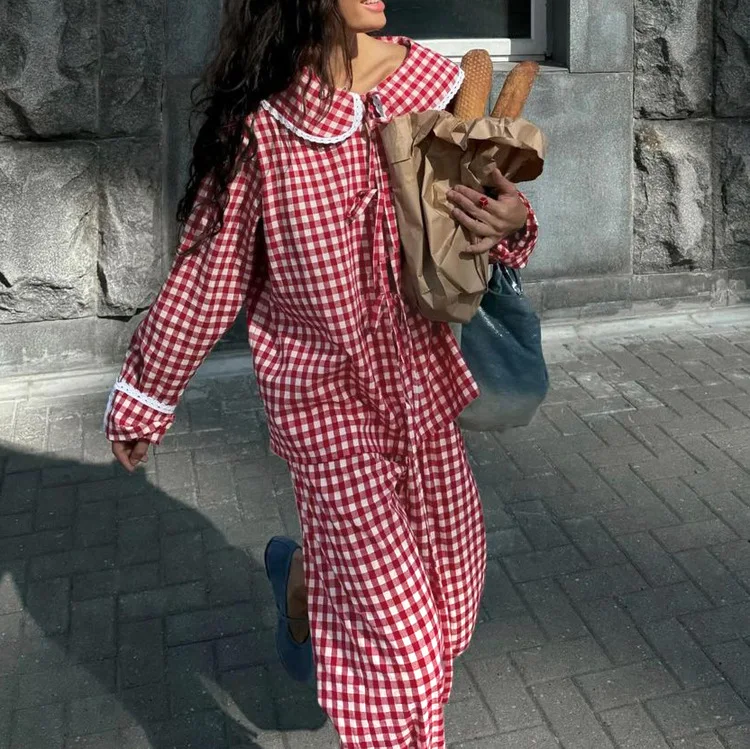 

Plaid Print Women Nightgowns Suit Turn-Down Collar Sleepwear Long Sleeve Nightwear Pants Casual Ladies Pajamas 2 Piece Set