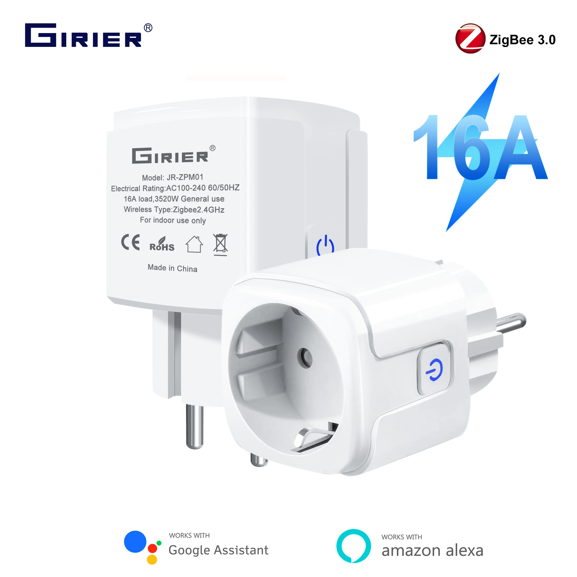 GIRIER Smart Plug ZigBee 16A with Power Monitor Function App Voice Remote Control Socket Outlet EU Works with Alexa Google Home