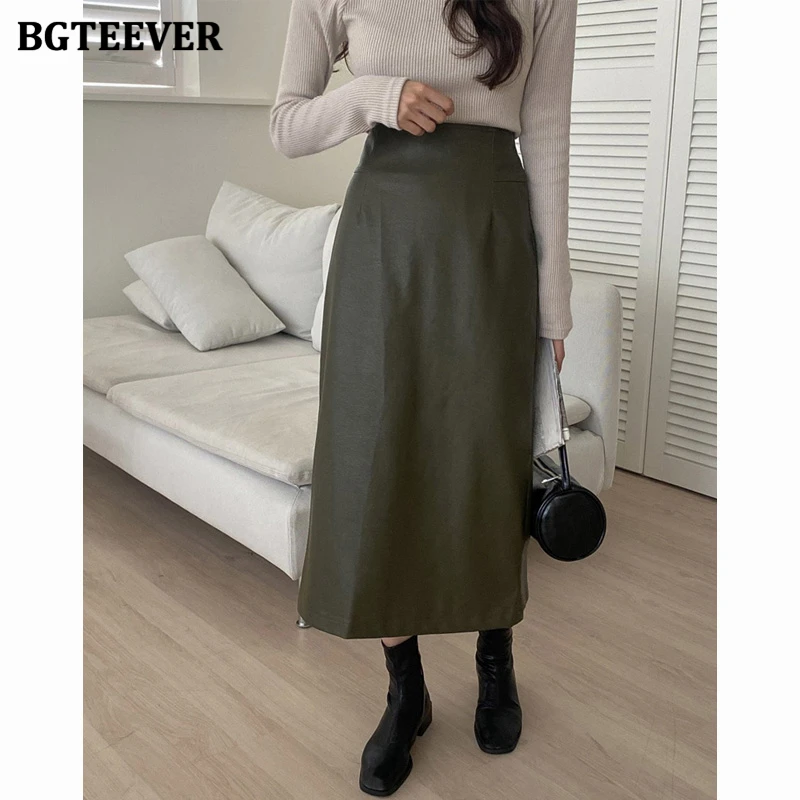 BGTEEVER ヴィンテージスプリットパッケージヒップ女性 Pu レザースカート春ハイウエストストレート女性スカート