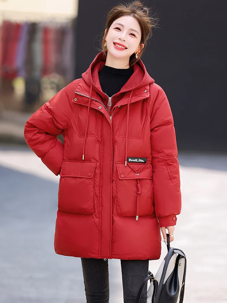 White Duck Down Hooded Jacket, Splicing False Two-piece Set, Medium-length Loose Leisure Coat, Thick Coat, 90 White, New, Winter