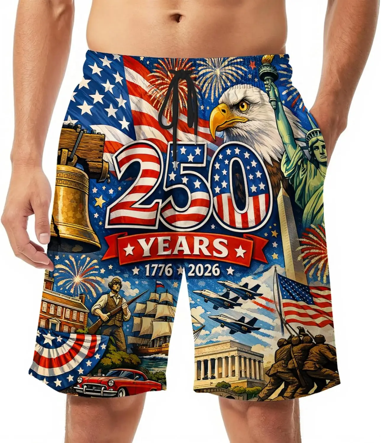 America 250 Years Patriotic Swim Trunks for Men & Youth 1776-2026 USA Flag Beach Board Shorts