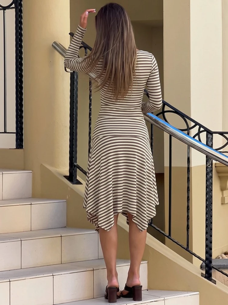 FDYOUI 2026 Fashion Casual Striped Dresses Two Piece Sets for Women Long Sleeve Cropped T-shirt Irregular Skirt Suits Streetwear