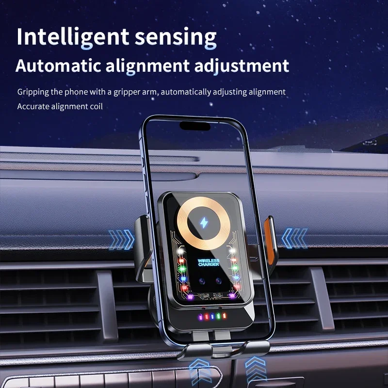 ที่วางโทรศัพท์ในรถยนต์พร้อมไฟบรรยากาศชาร์จไร้สาย 15W ที่วางโทรศัพท์ในรถยนต์สำหรับไอโฟน 12 13 14 15 โปรแม็กซ์ หัวเว่ย ซัมซุง