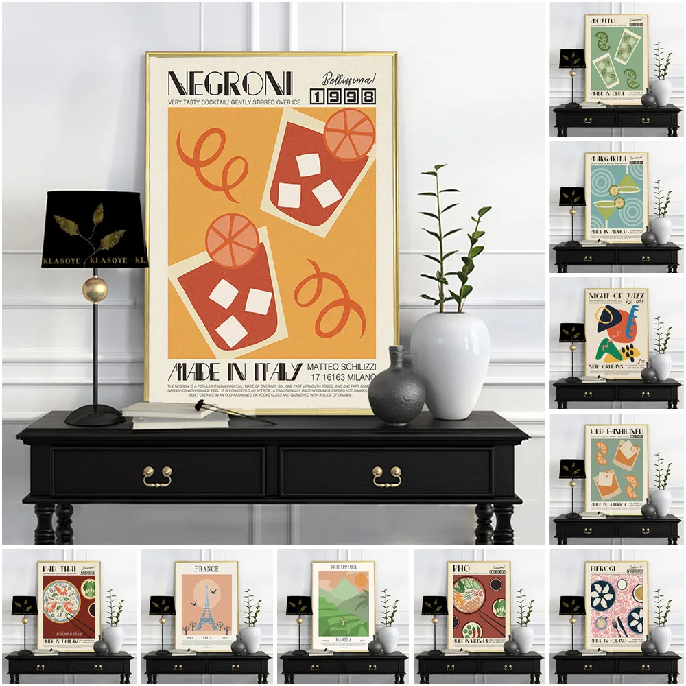 

Food Drink Vintage Poster Cartoon Abstract Art Print Mid Century Modern Wall Picture Kitchen Restaurant Canvas Painting Decor