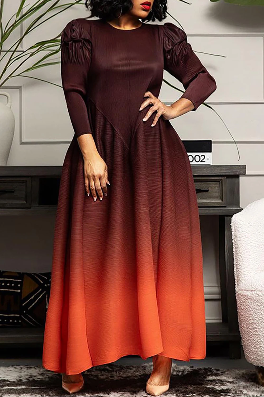 

Plus Size Semi Formal Dress Coffee Gradient Long Sleeve Maxi Dress