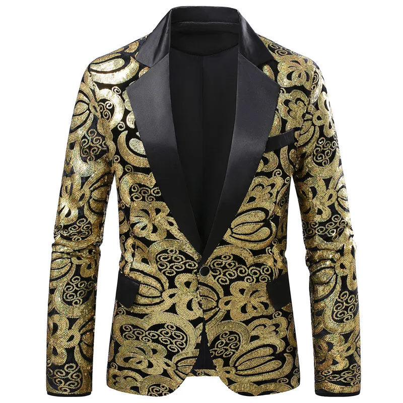 Men's Luxury Gold Sequin Blazer , Black Velvet Lapel Floral Suit Jacket Sparkly Coats for Prom Wedding Party Stage Performance