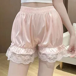 Calça de renda para mulheres, pettipant de cetim de seda doce, shorts soltos para dormir pijama, pijama, shorts lanterna para meninas