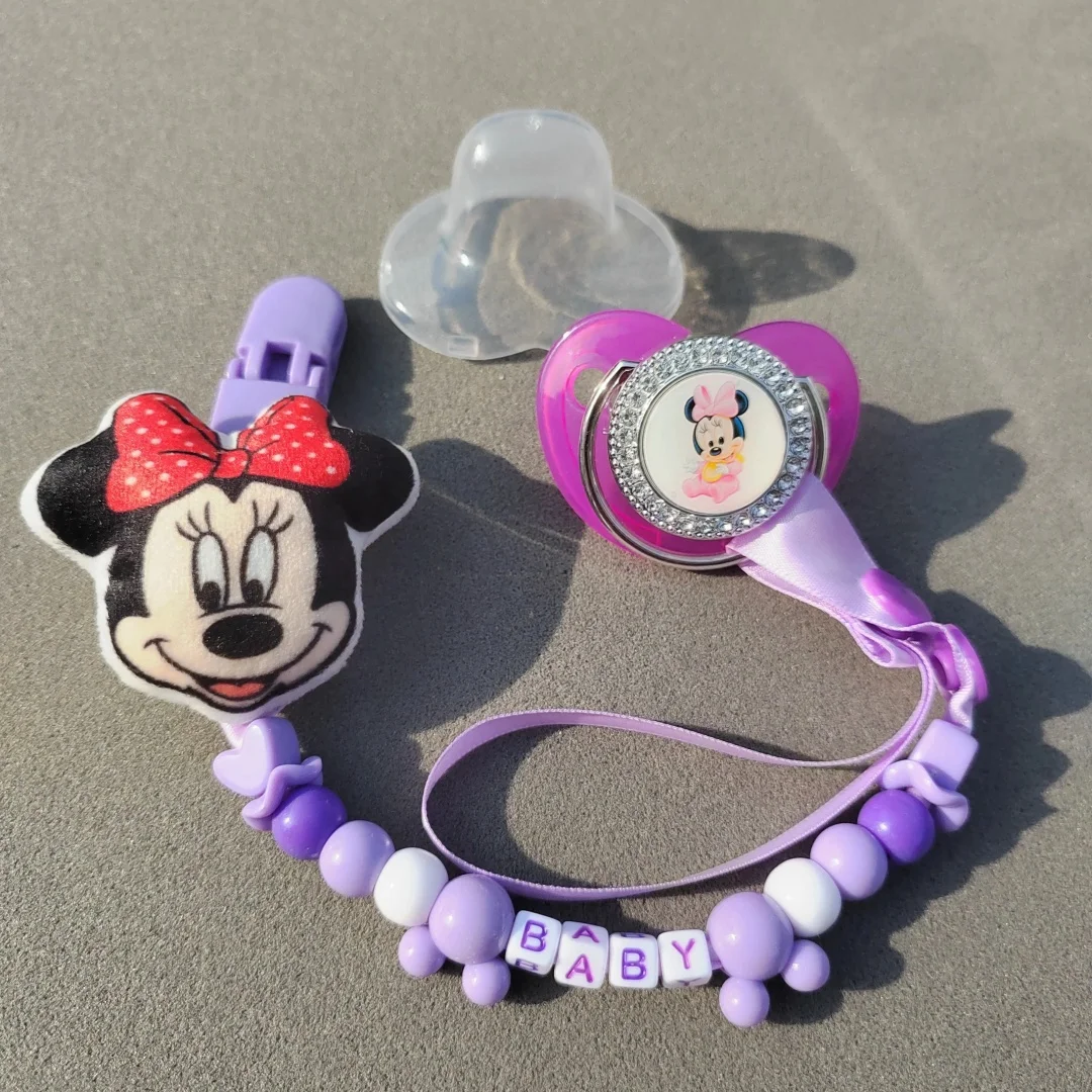 

2024 Minnie Printed Pacifier with personalized bead chain clip BPA-free Bling Dummy pacifier 0-24 months Cartoon Bling Pacifier