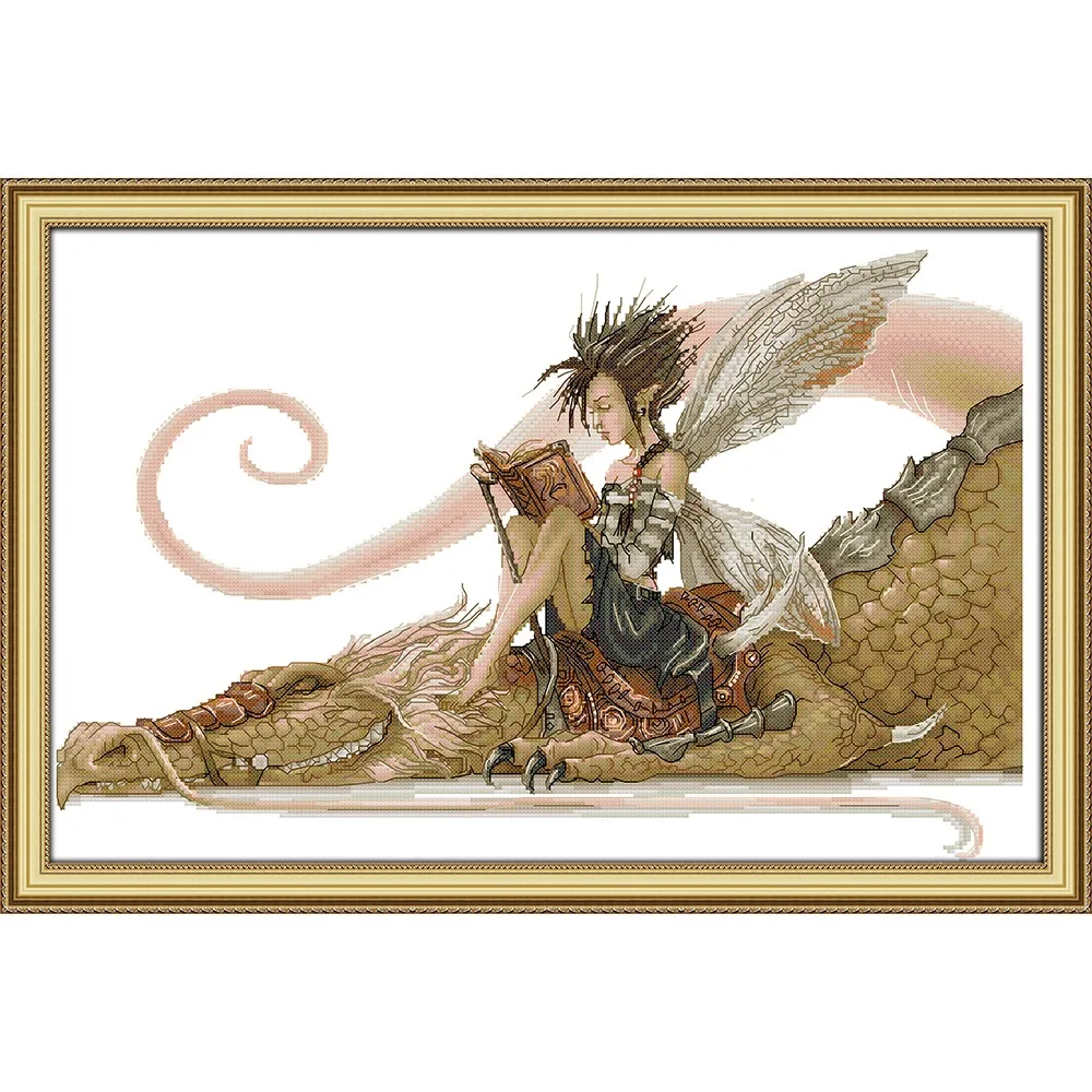 The girl sat on the dragon reading a book cross stitch kit aida 14ct 11ct count print canvas stitches embroidery DIY