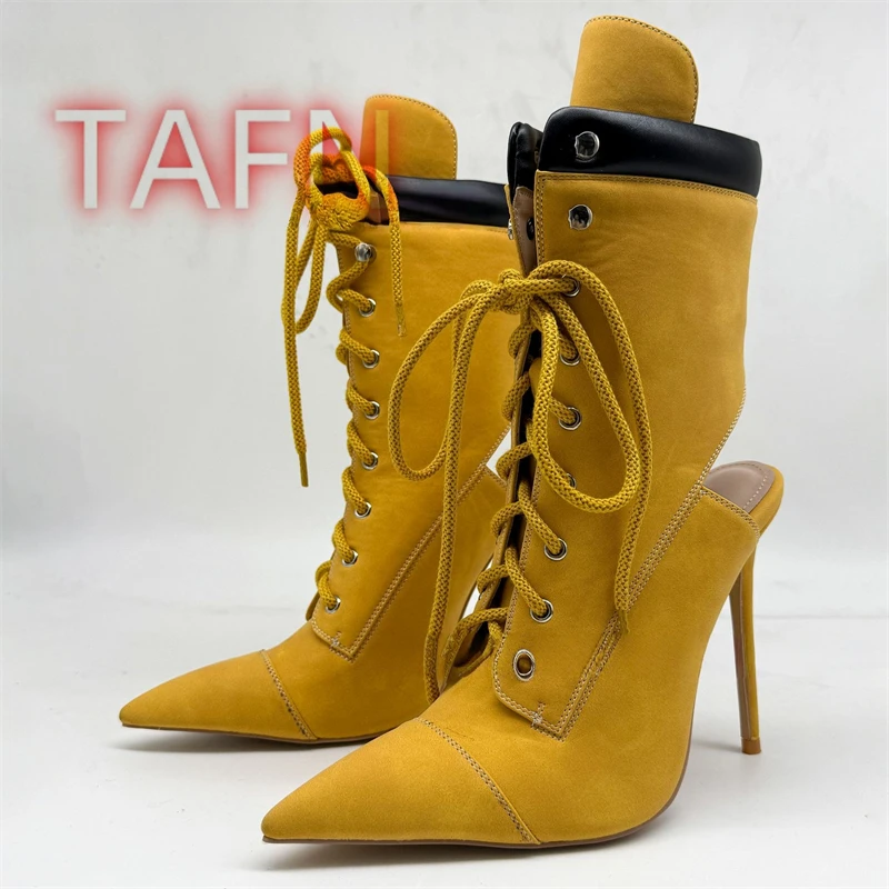 الأصفر الدانتيل يصل خنجر Bootie مثير مدبب تو Slingback الصنادل الأحذية عبر الأشرطة الصنادل 2025 الخريف النساء موضة حذاء بوت بطول الكاحل #5