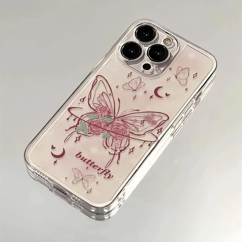 حافظة على شكل فراشة وردية لهاتف آيفون 17 16 15 14 Pro Max 13 12 Mini 11Pro XR 7 8 SE غطاء مقاوم للصدمات واقي للشاشة