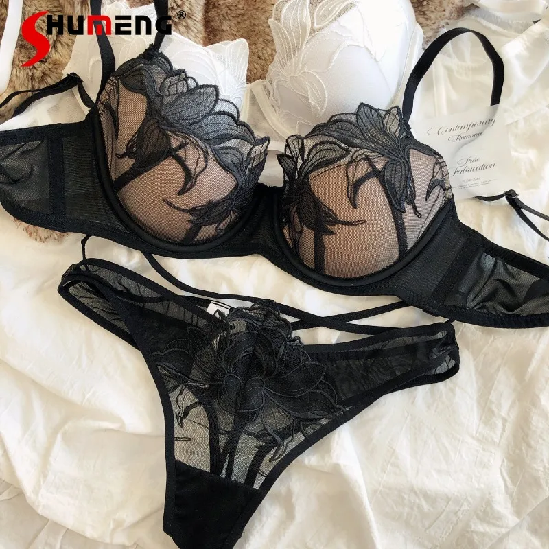 

Push Up Soft Underwire Bra Set for Women French Style Sexy Embroidered Underwear Female Japanese Lace Hollow Intimates