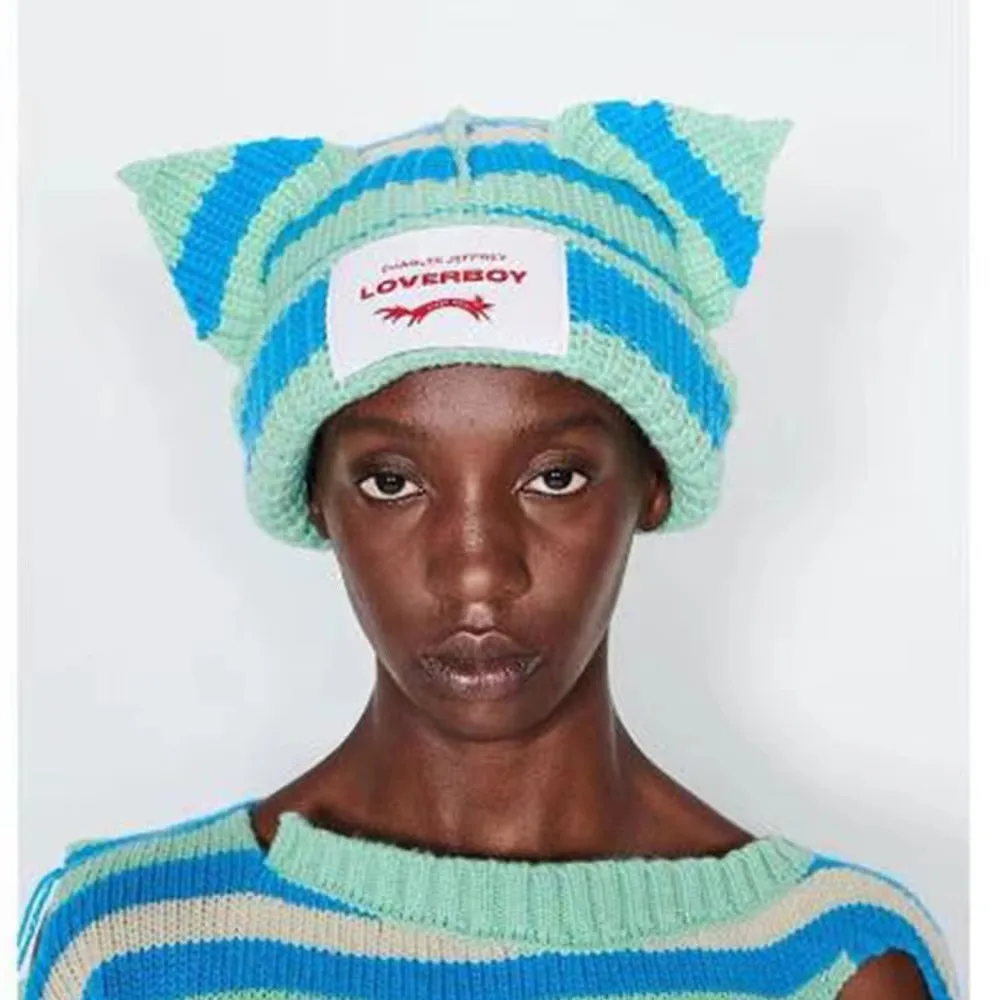 귀여운 이중 레이어 연인 고양이 귀 니트 모자, 니치 디자인 니트 모자, 따뜻한 두꺼운 따뜻한 모자, 가을 및 겨울